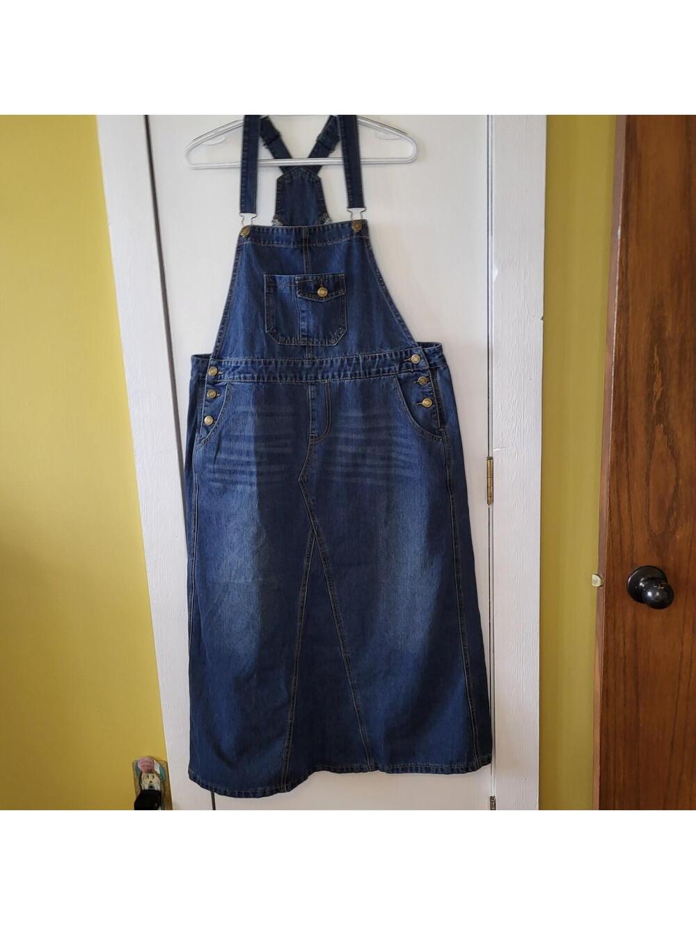 dark wash denim overall bibs dress adjustable straps and a long, straight hem XL
